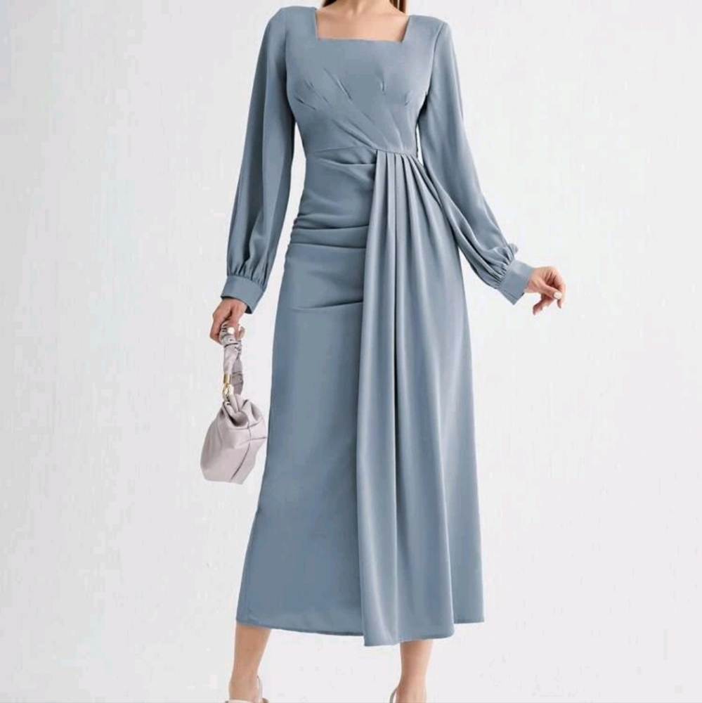 Square Neck Draped Detail Split Hem Dress